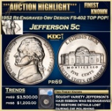 1952 Re-Engraved Obv Design FS-402 Proof Jefferson Nickel TOP POP! 5c pr69 SEGS