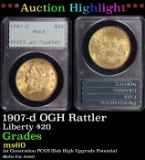 PCGS 1907-d Gold Liberty Double Eagle OGH Rattler $20 ms60 PCGS