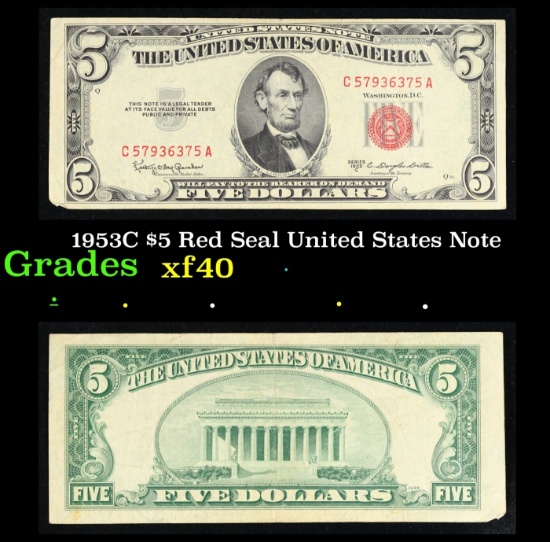 1953C $5 Red Seal United States Note Grades xf