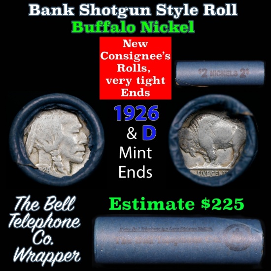Buffalo Nickel Shotgun Roll in Old Bank Style 'Bell Telephone' Wrapper 1926 & d Mint Ends