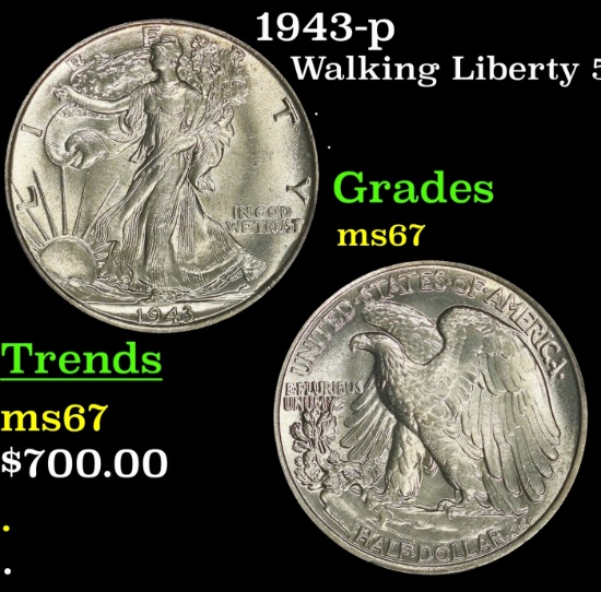 1943-p Walking Liberty Half Dollar 50c Grades GEM++ Unc