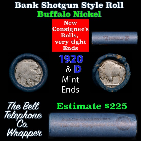 Buffalo Nickel Shotgun Roll in Old Bank Style 'Bell Telephone' Wrapper 1920 & d Mint Ends