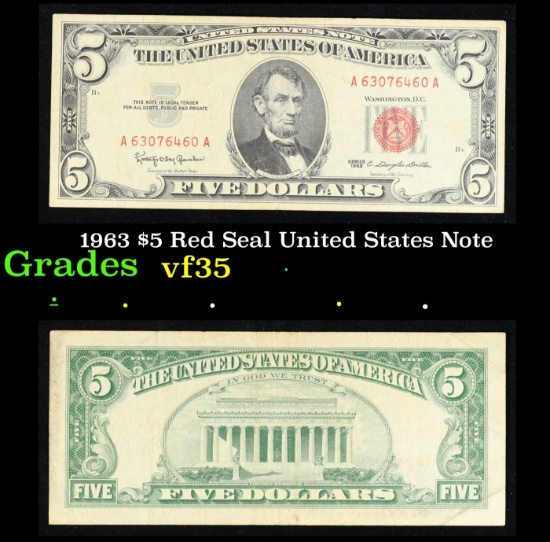 1963 $5 Red Seal United States Note Grades vf++