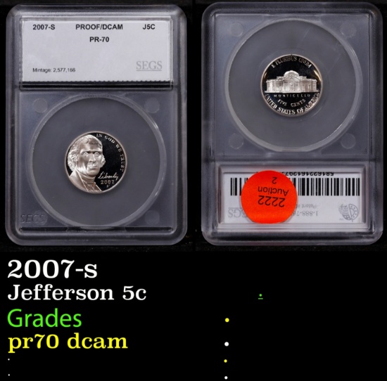 2007-s Proof Jefferson Nickel 5c pr70 dcam SEGS