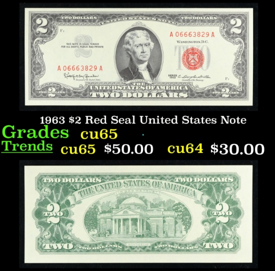 1963 $2 Red Seal United States Note Grades Gem CU
