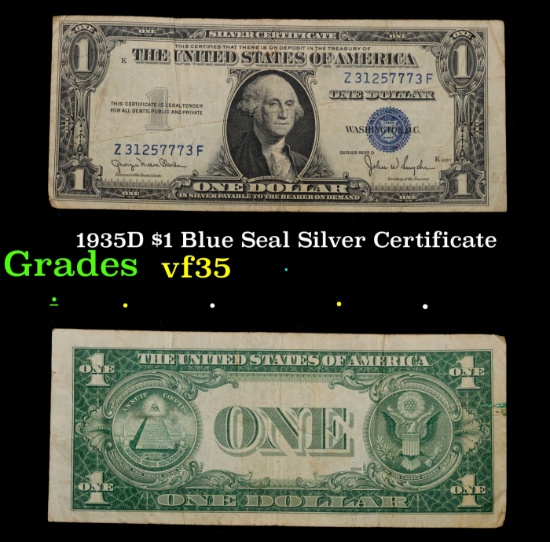 1935D $1 Blue Seal Silver Certificate Grades vf++