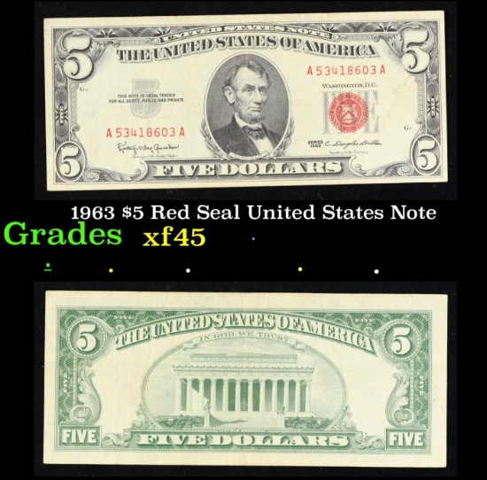 1963 $5 Red Seal United States Note Grades xf+