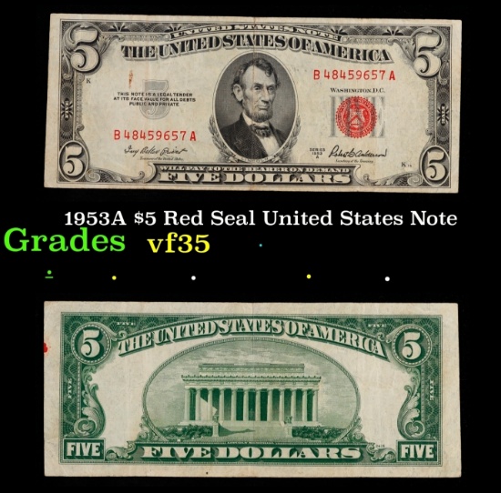 1953A $5 Red Seal United States Note Grades vf++