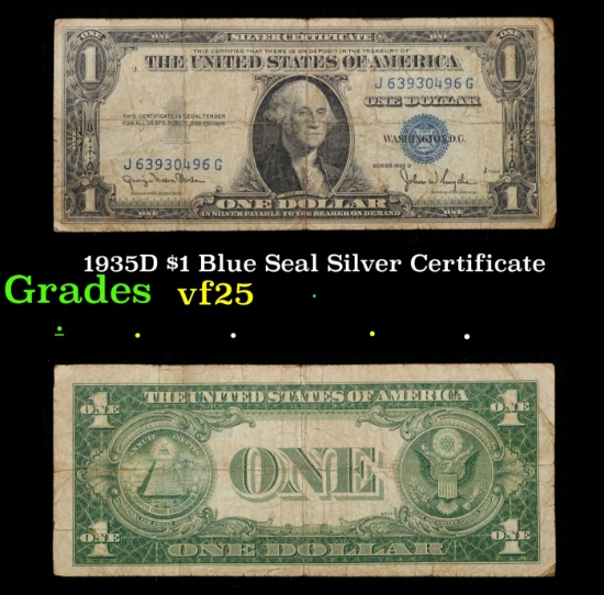1935D $1 Blue Seal Silver Certificate Grades vf+