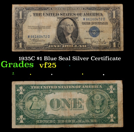 1935C $1 Blue Seal Silver Certificate Grades vf+
