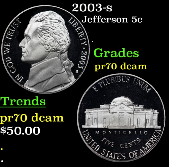 2003-s Proof Jefferson Nickel 5c pr70 dcam SEGS