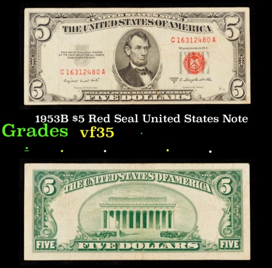 1953B $5 Red Seal United States Note Grades vf++