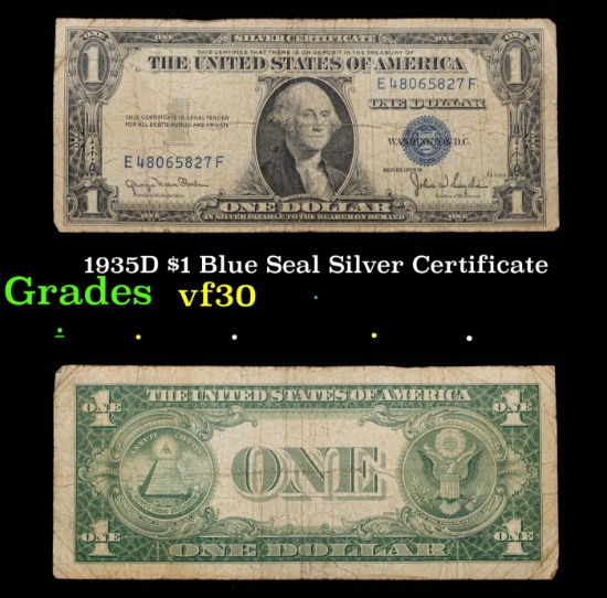 1935D $1 Blue Seal Silver Certificate Grades vf++