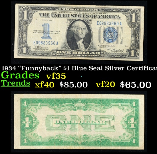 1934 $1 Blue Seal Silver Certificate Grades vf++