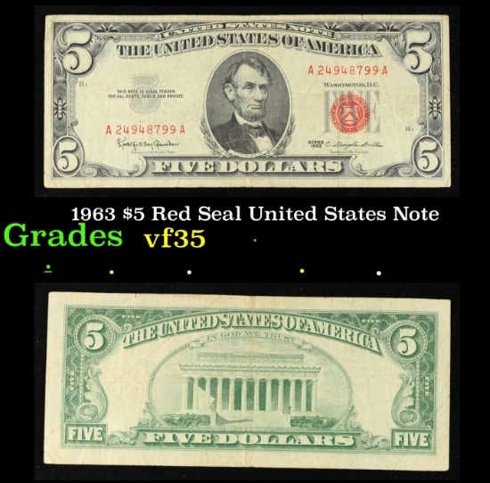 1963 $5 Red Seal United States Note Grades vf++