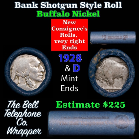 Buffalo Nickel Shotgun Roll in Old Bank Style 'Bell Telephone' Wrapper 1928 & d Mint Ends