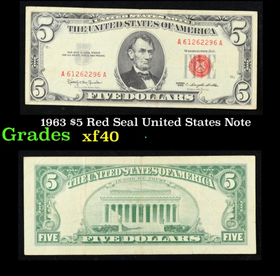 1963 $5 Red Seal United States Note Grades xf