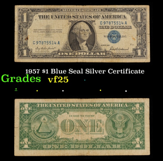 1957 $1 Blue Seal Silver Certificate Grades vf+