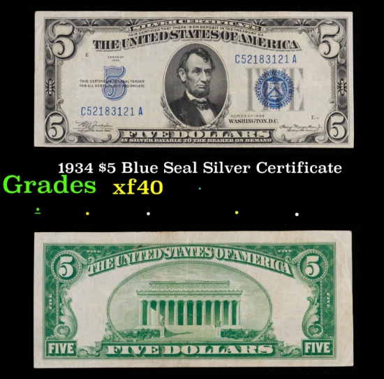 1934 $5 Blue Seal Silver Certificate Grades xf