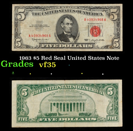 1963 $5 Red Seal United States Note Grades vf++