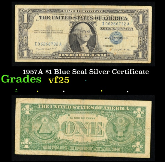1957A $1 Blue Seal Silver Certificate Grades vf+