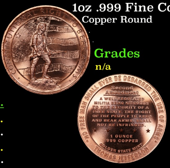 1oz .999 Fine Copper Bullion Round - Right to Bear Arms Style Grades Ungraded