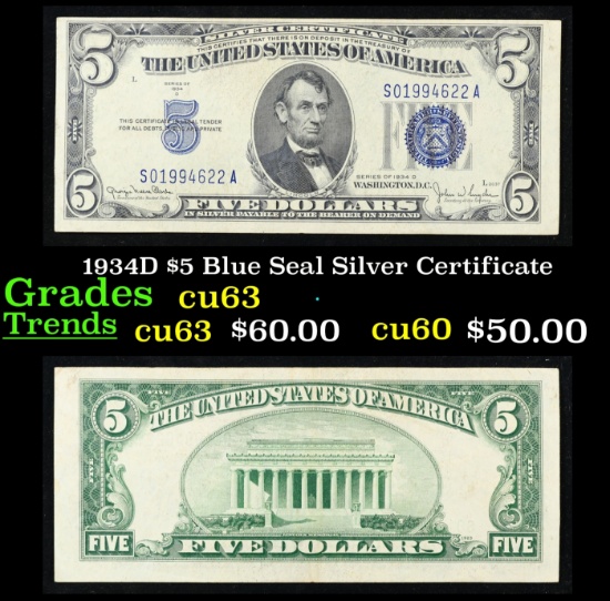 1934D $5 Blue Seal Silver Certificate Grades Select CU