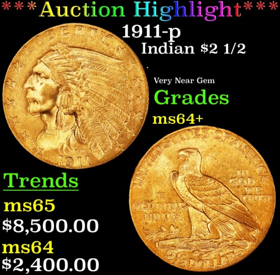 *Highlight* 1911-p Gold Indian Quarter Eagle $2 1/2 ms64+ SEGS (fc)