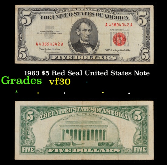 1963 $5 Red Seal United States Note Grades vf++