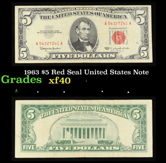 1963 $5 Red Seal United States Note Grades xf