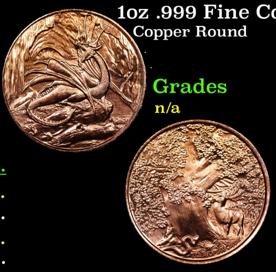 1oz .999 Fine Copper Bullion Round - Nordic Creatures Nidhoggr Dragon Style Grades Ungraded