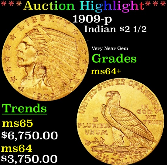 *Highlight* 1909-p Gold Indian Quarter Eagle $2 1/2 ms64+ SEGS (fc)