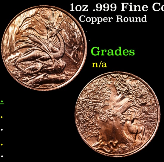 1oz .999 Fine Copper Bullion Round - Nordic Creatures Nidhoggr Dragon Style Grades Ungraded