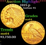 *Highlight* 1915-p Gold Indian Half Eagle $5 Choice Unc USCG (fc)