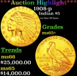 *Highlight* 1908-p Gold Indian Half Eagle $5 GEM+ Unc USCG (fc)