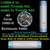 BU Shotgun Jefferson 5c roll, 1980-d 40 pcs Bank $2 Nickel Wrapper