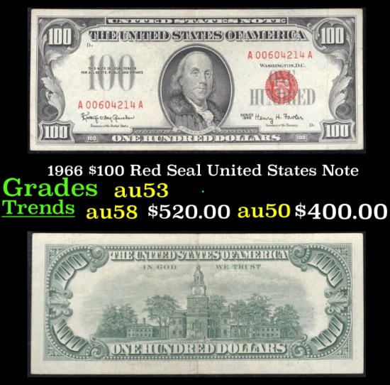 1966 $100 Red Seal United States Note Grades Select AU
