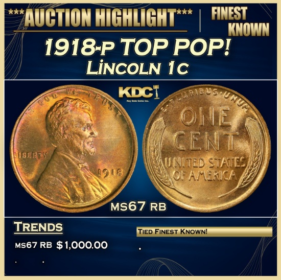 1918-p Lincoln Cent TOP POP! 1c ms67 rb SEGS