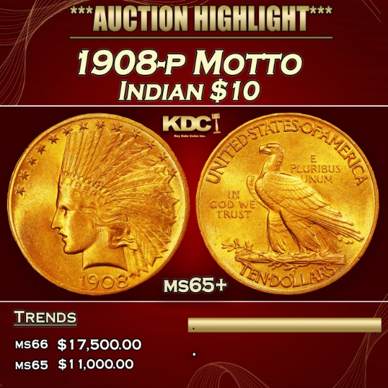1908-p Motto Gold Indian Eagle $10 ms65+ SEGS