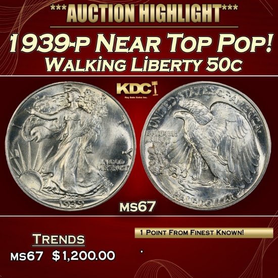 1939-p Walking Liberty Half Dollar Near Top Pop! 50c ms67 SEGS