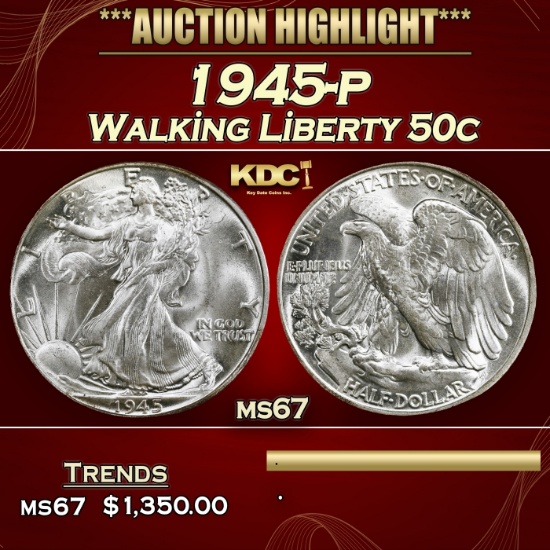 1945-p Walking Liberty Half Dollar 50c ms67 SEGS