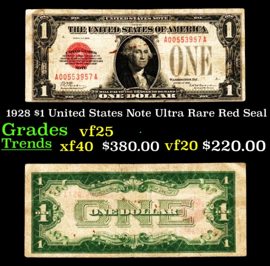 1928 $1 United States Note Ultra Rare Red Seal Grades vf+