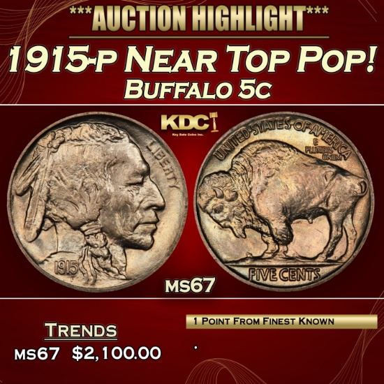 1915-p Buffalo Nickel Near Top Pop! 5c ms67 SEGS