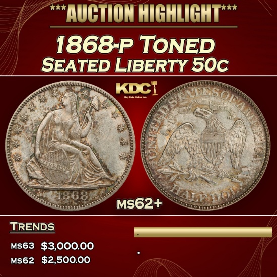 1868-p Seated Half Dollar Toned 50c ms62+ USCG