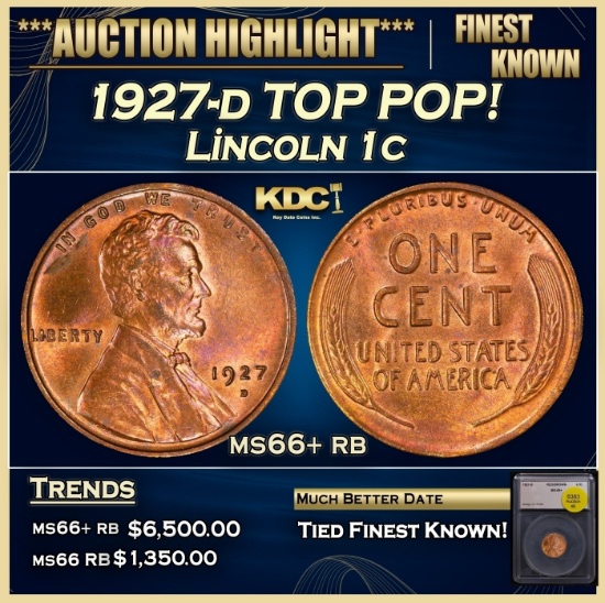 1927-d Lincoln Cent TOP POP! 1c ms66+ rb SEGS