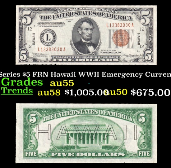 1934 $5 FRN Hawaii WWII Emergency Currency Key To Series Key To Series Grades Choice AU