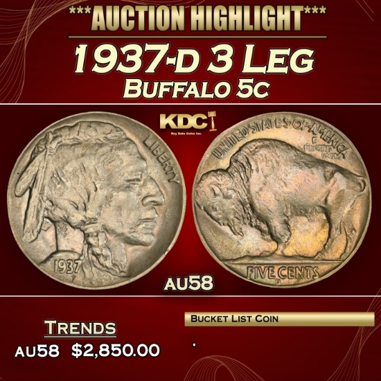 1937-d 3 Leg Buffalo Nickel 5c Choice AU/BU Slider USCG
