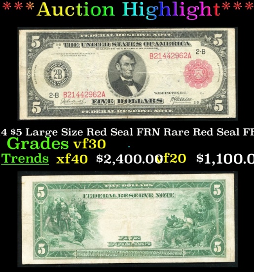 1914 $5 Large Size Red Seal FRN Rare Red Seal Grades vf++ FR-836