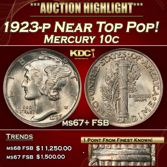 1923-p Mercury Dime Near Top Pop! 10c ms67+ FSB SEGS