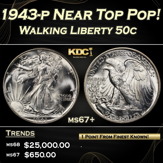 1943-p Walking Liberty Half Dollar Near Top Pop! 50c ms67+ SEGS